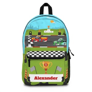 Race car book bag, Backpack boys personalize, Toddler backpack, School kids back pack for boys, Monogram large backpack for toddlers b0003