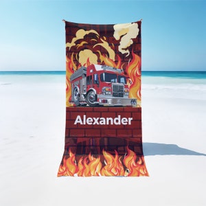 Personalized beach towel for kids, 35x60 custom large beach towel for boys with fire truck, Kids beach towel, Custom name bath towel bt0006a