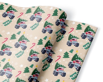 Monster truck Christmas wrapping paper sheet, Cute baby boy wrapping paper, Unique fun wrapping paper, Matte holiday gift wrap sheet