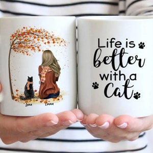 Up To 5 Cats - Girl and Cats Autumn - Life Is Better With A Cat - Personalized Mug