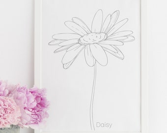 Printable Daisy Wall Art, Flower Digital Download, Flower Wall Art, Simple Daisy, Daisy Wall Art, Daisy Line Drawing Art, Printable Flower