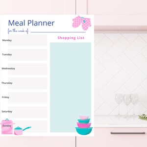Meal Planner and Grocery List, Weekly Meal Planner, Printable Menu Planner, Pink, Kitchen Planner, Downloadable Planner