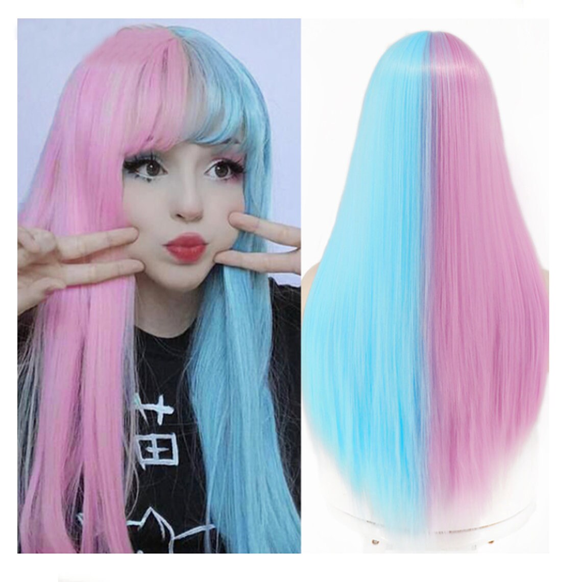Lolita Half Pink Half Blue Wig for Women Synthetic Wig With Etsy