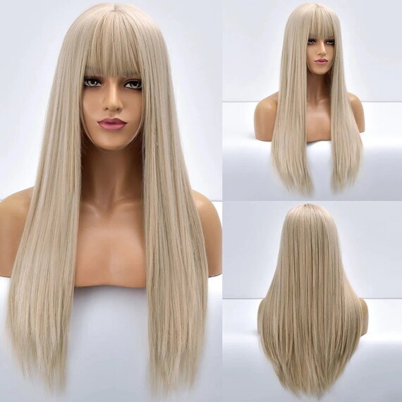 Long Gold Straight Blonde Daily Synthetic Wig With Bangs for - Etsy Long Gold Straight Blonde Daily Synthetic Wig With Bangs for - Etsy