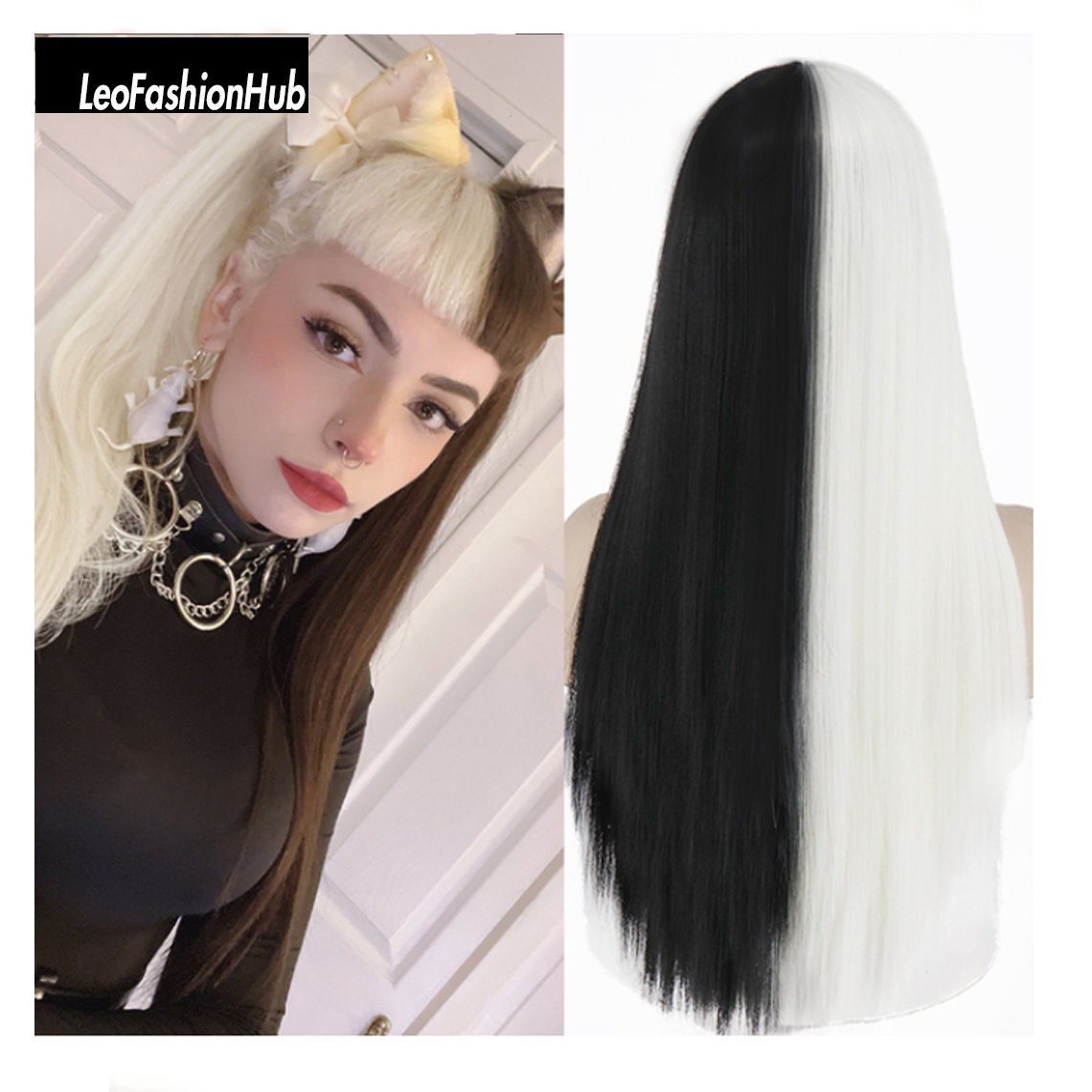 Lolita Half White Half Black Wig for Women Synthetic Wig With - Etsy Canada