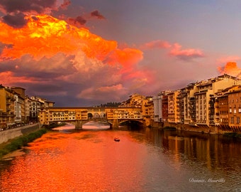 Florence Firefall - Dramatic, sunset, Arno, River, Ponte Vecchio, Florence, Firenze, Italy, fiery, orange, cityscape