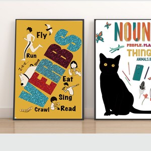 Set of Three Educational Posters Nouns Verbs Adjectives Home School Classroom Nursery