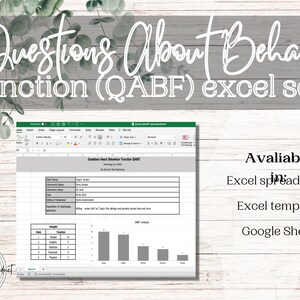 May include: A screenshot of an Excel spreadsheet titled "Questions About Behaviour Function (QABF)" with a bar graph showing the results of a QABF analysis. The spreadsheet includes columns for student name, date, interviewer name, description of challenging behavior, and QABF analysis. The text "Available in Excel spreadsheet, Excel template, Google Sheet" is displayed on the right side of the image.