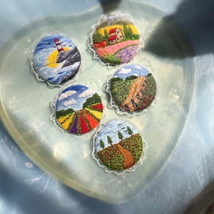 Mini Embroidered Landscape Pins, Handmade Mini Embroidered Brooches, Mini Embroidered Flower Pins, Flower Badge Pins, Hand Embroidered Gifts