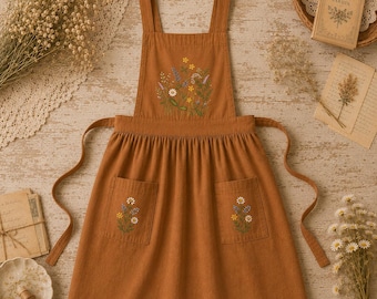 Hand Embroidered Linen Apron, Floral Garden, Wildflower Embroidery, Custom Size