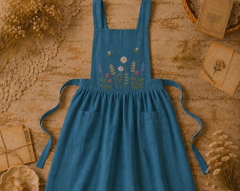 Embroidered Linen Apron, Wildflowers & Bees, Gardening Kitchen Wear