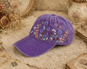 Hand Embroidered Dragonfly Baseball Cap, Floral Buzz Hat