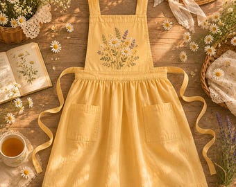 Hand Embroidered Linen Apron, Floral Garden, Wildflower Embroidery, Custom Size