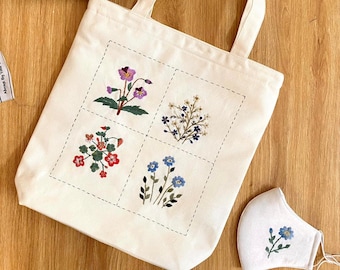 Hand Embroidered Linen Tote Bag, Floral Market Bag