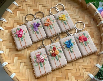 Custom Floral Embroidered Keychain, Personalized Name, Handmade Linen Gift