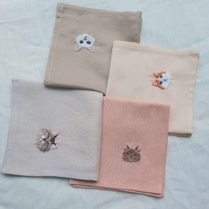 Hand Embroidered Linen Handkerchief, Cat Embroidered Handkerchief ...