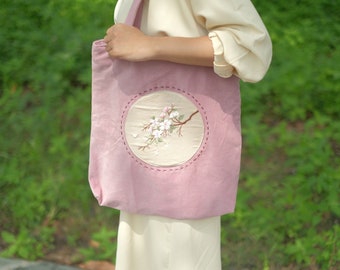 Hand Embroidered Linen Tote Bag, Floral Market Bag with Zipper