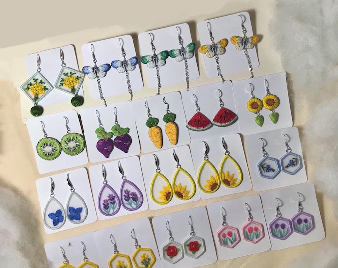 Handmade Embroidered Earrings, Boho Fruit & Flower Jewelry