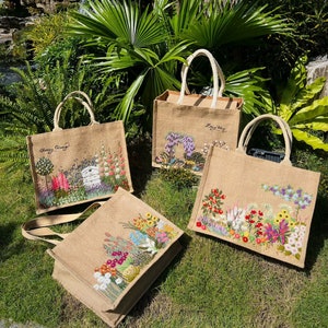 Handbestickter Sack, Blumengarten Jute-Tasche, niedliche Markttasche, ästhetische Tasche, handgemachte Einkaufstasche