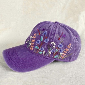 Hand Embroidered Wildflowers and Dragonfly Hat, Embroidery Hat, Personalized Baseball Cap, Vintage Embroidered Floral, Hat For Woman