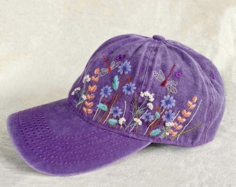 Hand Embroidered Wildflowers and Dragonfly Hat, Embroidery Hat, Personalized Baseball Cap, Vintage Embroidered Floral, Hat For Woman