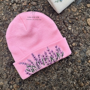 Hand Embroidery Lavender Beanie, Floral Embroidered Beanie, Personalized Beanie, Boho beanie, Winter Beanie for women, Gift For Her
