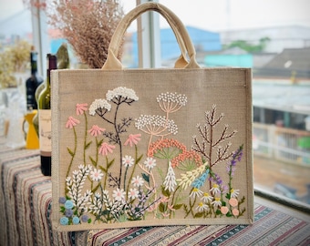 リボン刺繍ジュートトートバッグ | バラ刺繍ジュートトートバッグ | 花
