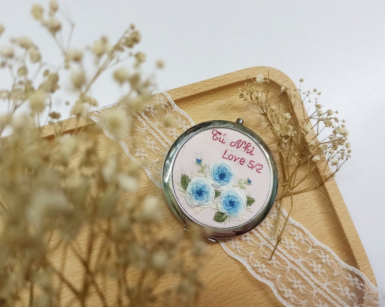 Hand Embroidered Pocket Mirror, Floral Embroidered Compact Mirror, Gift For Her, Bridesmaid Gift, Makeup Mirror, Personalized Compact Mirror image 8
