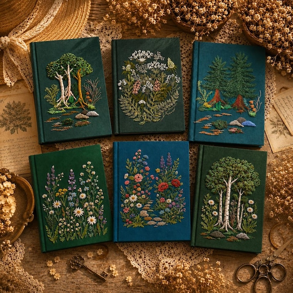 Handmade Embroidered Forest Notebook, Personalized Journal