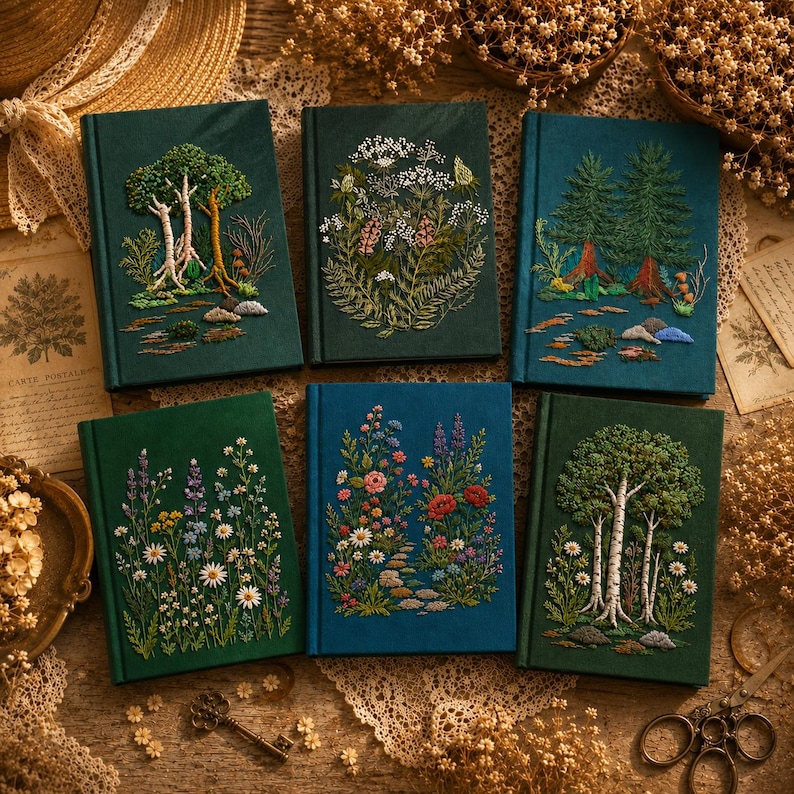 Personalized Embroidered Notebook, Handmade Botanical Journal with Custom Floral and Forest Designs bild 1