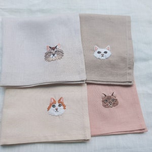 Hand Embroidered Linen Handkerchief, Cat Embroidered Handkerchief ...
