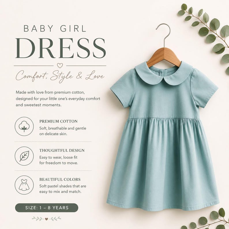 May include: A solid light blue dress with short sleeves and a rounded Peter Pan collar, hanging on a wooden hanger. The text on the image reads: BABY GIRL DRESS, Comfort, Style & Love, Made with love from premium cotton, PREMIUM COTTON, THOUGHTFUL DESIGN, BEAUTIFUL COLORS, SIZE: 1 - 8 YEARS.