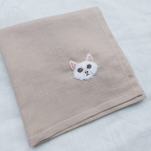 Hand Embroidered Linen Handkerchief, Cat Embroidered Handkerchief ...