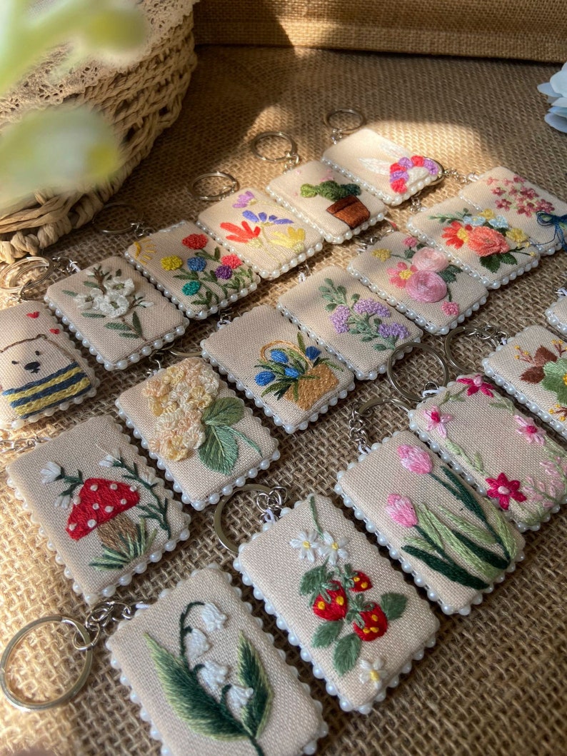 Keychains Custom Handmade Thread Custom Hand Embroidered Keychain, Flower Embroidered Keychain ...