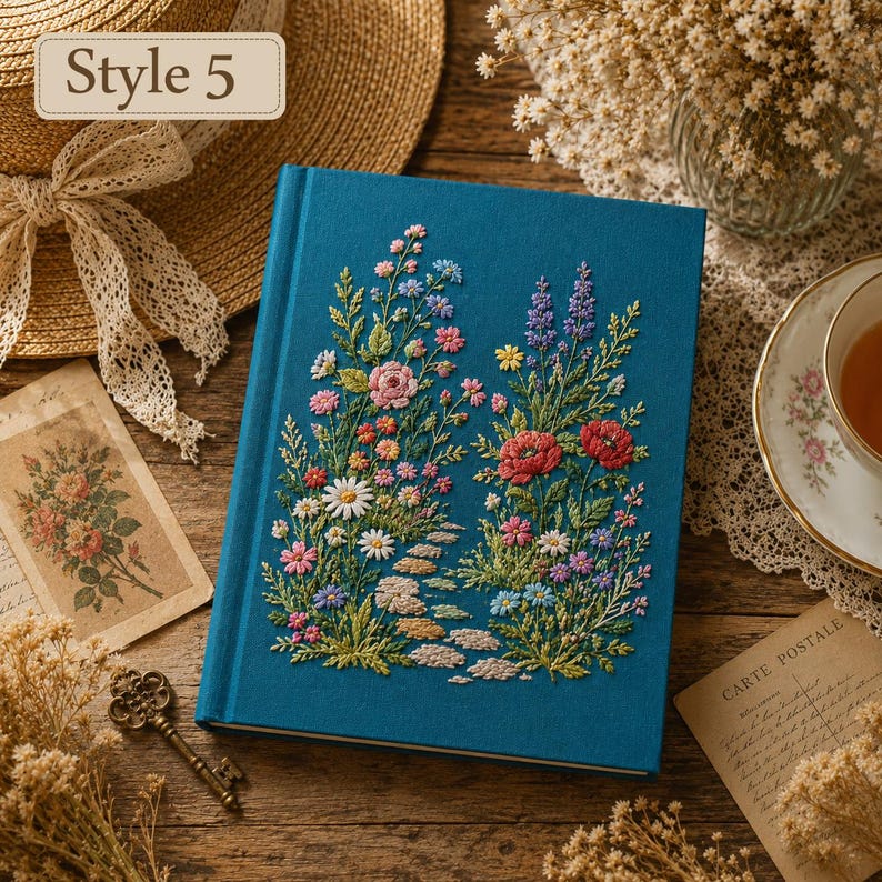 Personalized Embroidered Notebook, Handmade Botanical Journal with Custom Floral and Forest Designs Style 5