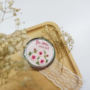 Hand Embroidered Pocket Mirror, Floral Embroidered Compact Mirror, Gift For Her, Bridesmaid Gift, Makeup Mirror, Personalized Compact Mirror image 4