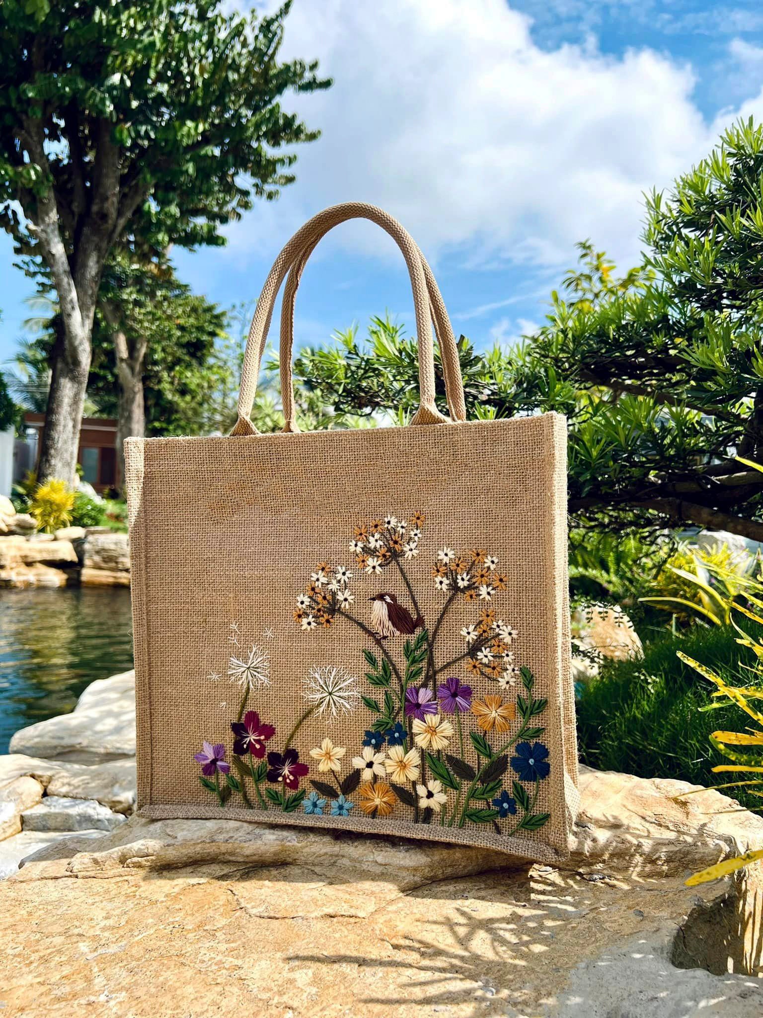 Floral Daisy Garden Jute Bag, Hand Embroidered Bag, Cute
