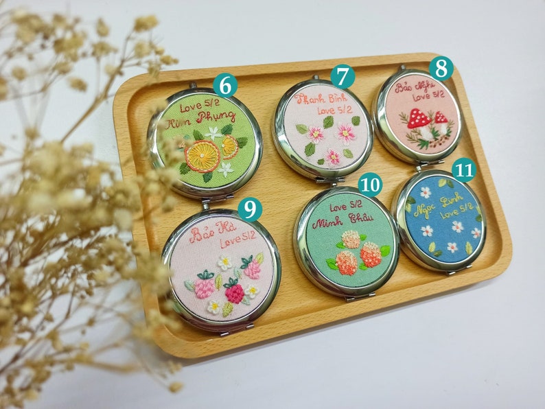 Hand Embroidered Pocket Mirror, Floral Embroidered Compact Mirror, Gift For Her, Bridesmaid Gift, Makeup Mirror, Personalized Compact Mirror image 1