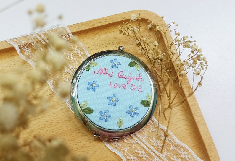 Hand Embroidered Pocket Mirror, Floral Embroidered Compact Mirror, Gift For Her, Bridesmaid Gift, Makeup Mirror, Personalized Compact Mirror image 10