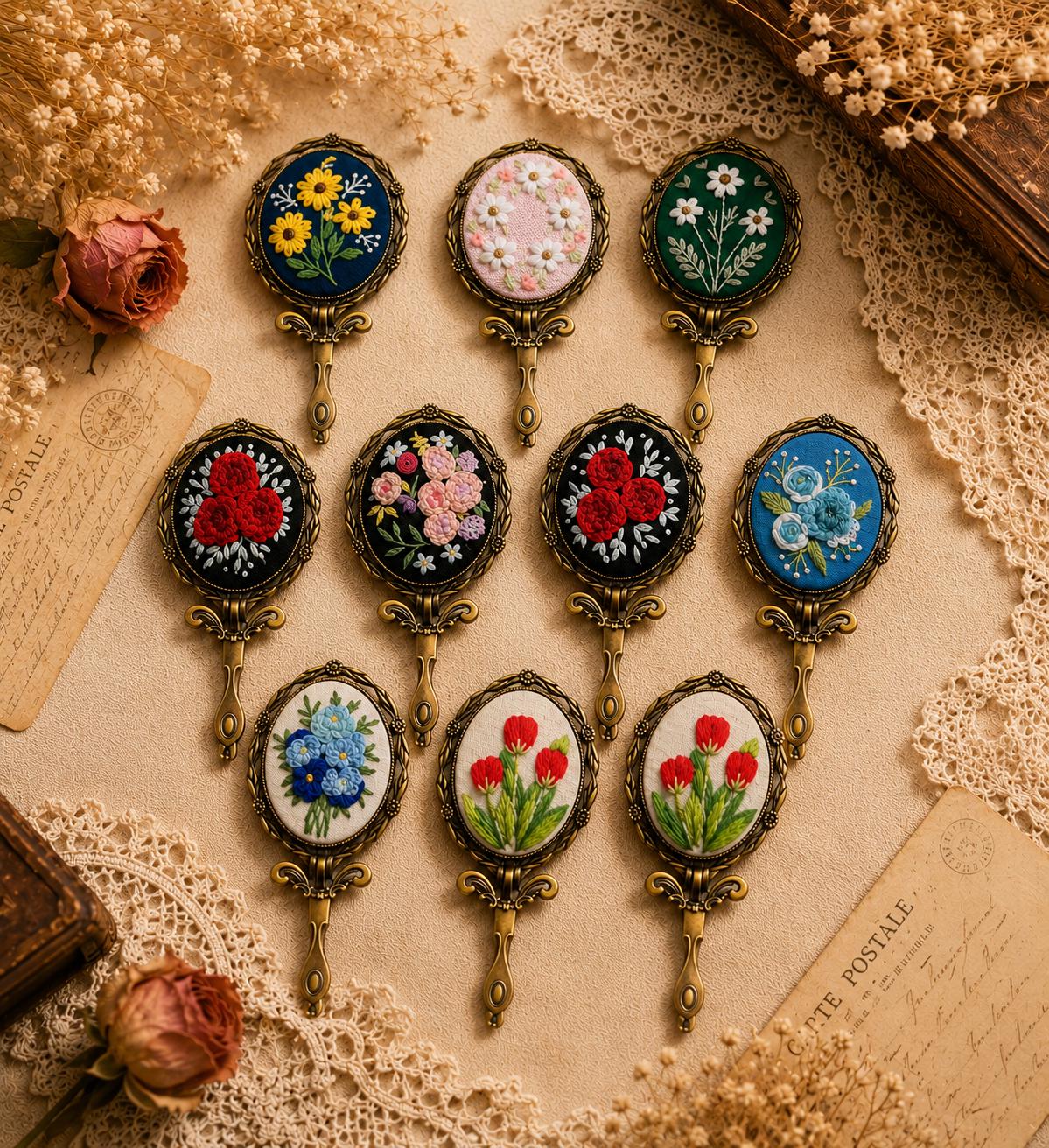 花柄刺繍入りハンドミラー、ヴィンテージスタイルのポケットメイク