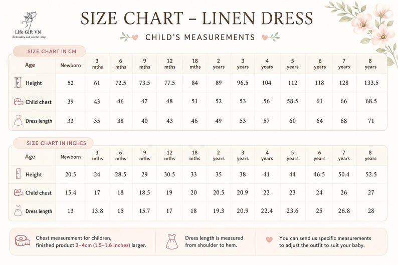 May include: A white informational size chart for a linen dress with the text SIZE CHART - LINEN DRESS and CHILD'S MEASUREMENTS. It displays two tables with rows for age, height, child chest, and dress length in both centimeters and inches.
