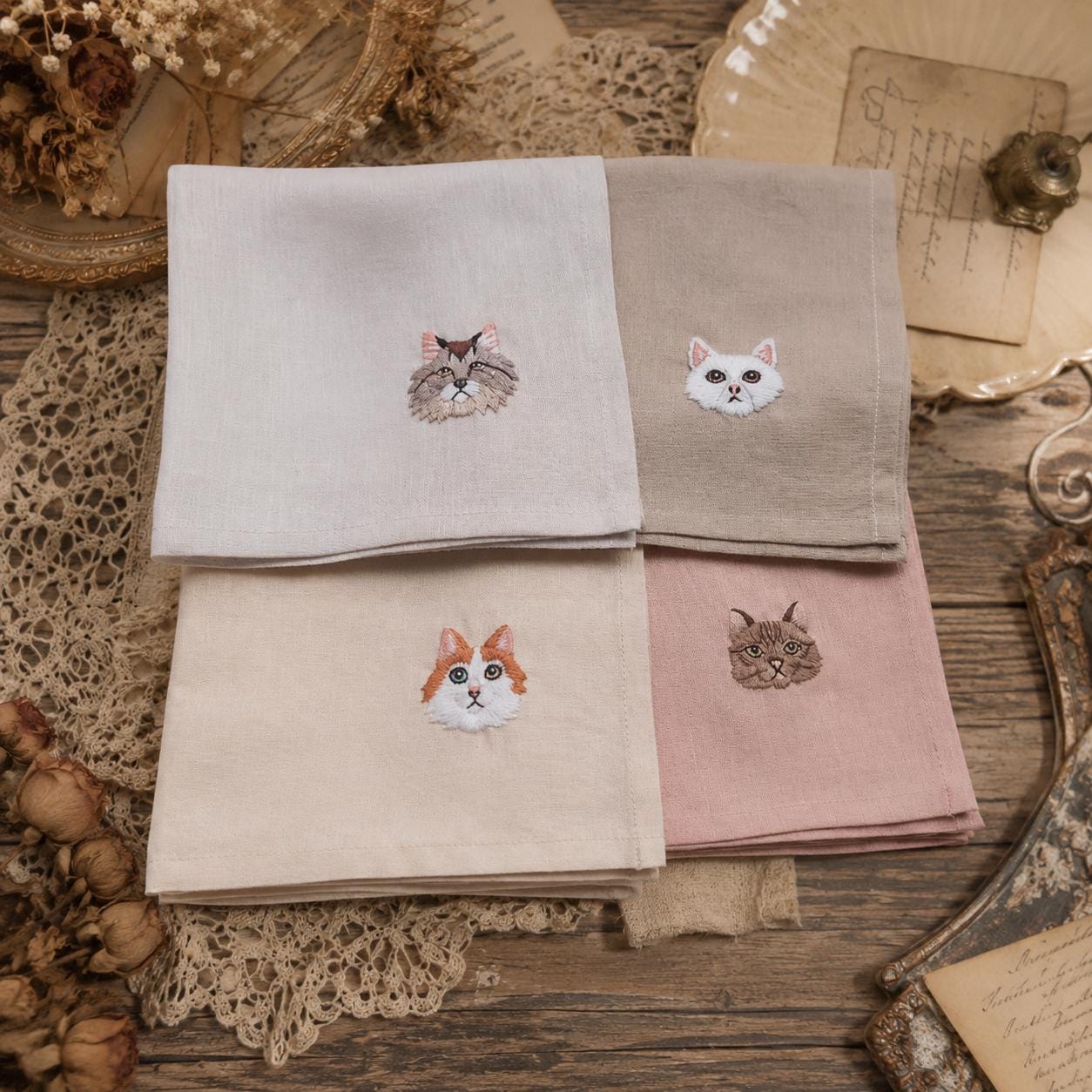 Embroidered Linen Handkerchief, Cat Face Detail, Wedding Gift, Bridesmaid Gift
