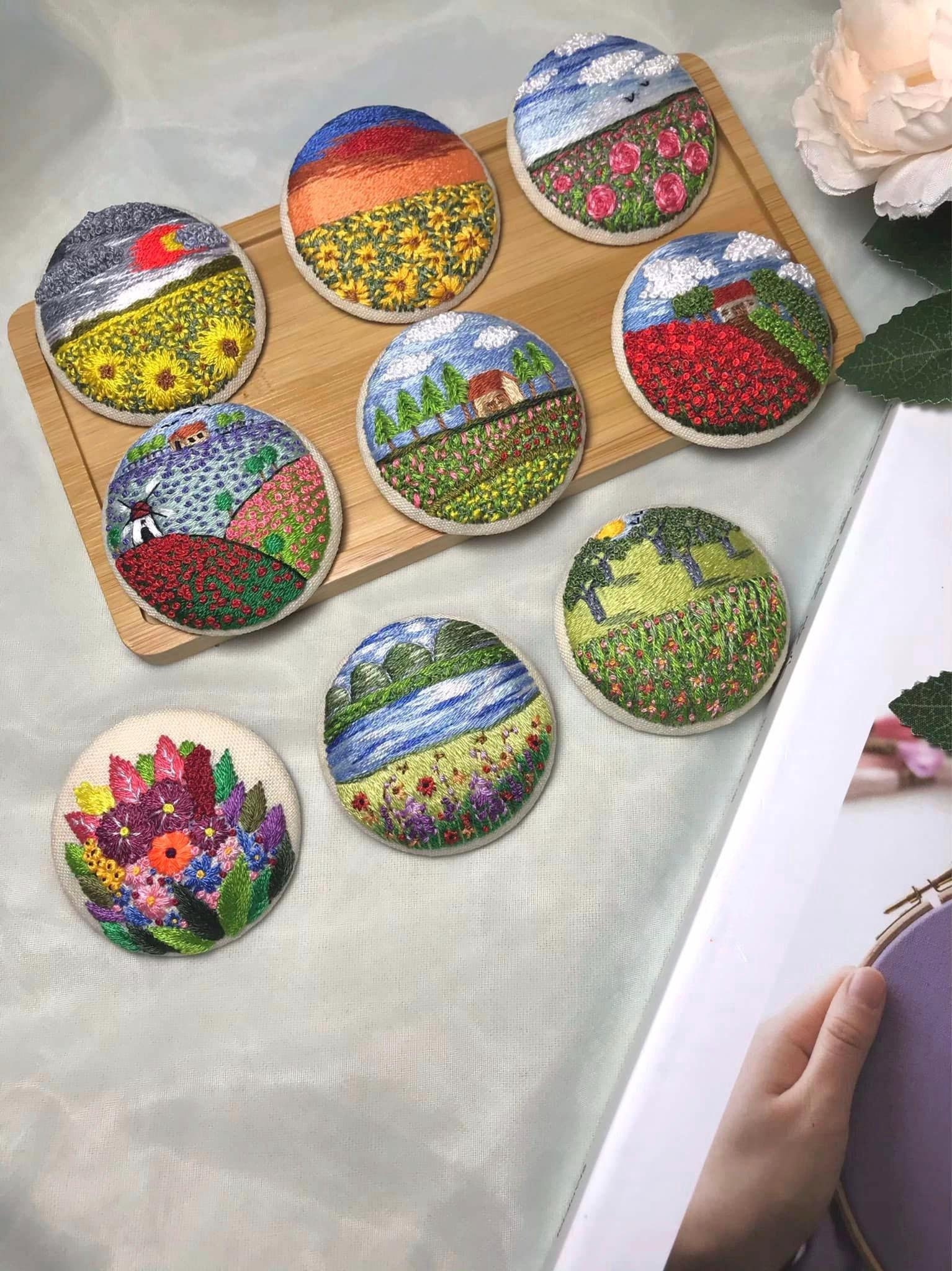 Mini Embroidered Landscape Pins, Handmade Mini Embroidered Brooches, Mini Embroidered Flower Pins, Flower Badge Pins, Hand Embroidered Gifts