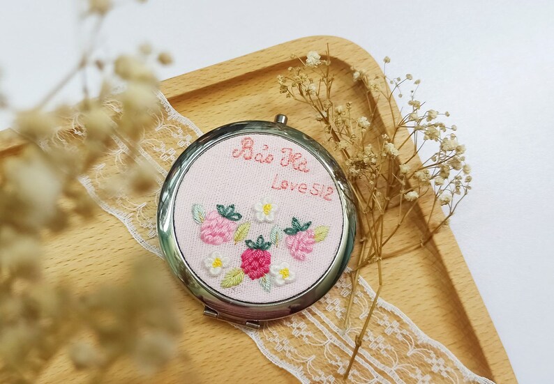 Hand Embroidered Pocket Mirror, Floral Embroidered Compact Mirror, Gift For Her, Bridesmaid Gift, Makeup Mirror, Personalized Compact Mirror image 5