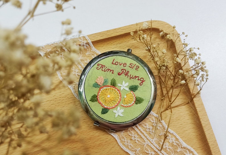 Hand Embroidered Pocket Mirror, Floral Embroidered Compact Mirror, Gift For Her, Bridesmaid Gift, Makeup Mirror, Personalized Compact Mirror image 6