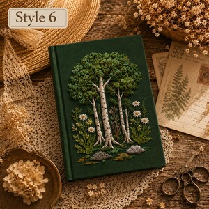 Personalized Embroidered Notebook, Handmade Botanical Journal with Custom Floral and Forest Designs Style 6