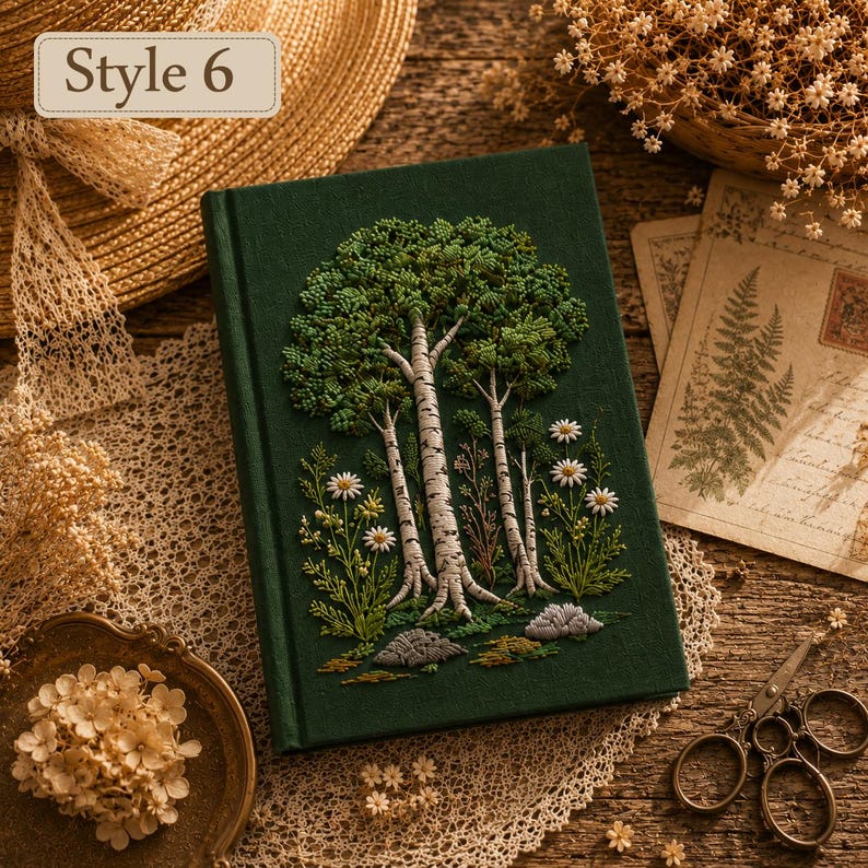 Personalized Embroidered Notebook, Handmade Botanical Journal with Custom Floral and Forest Designs Style 6