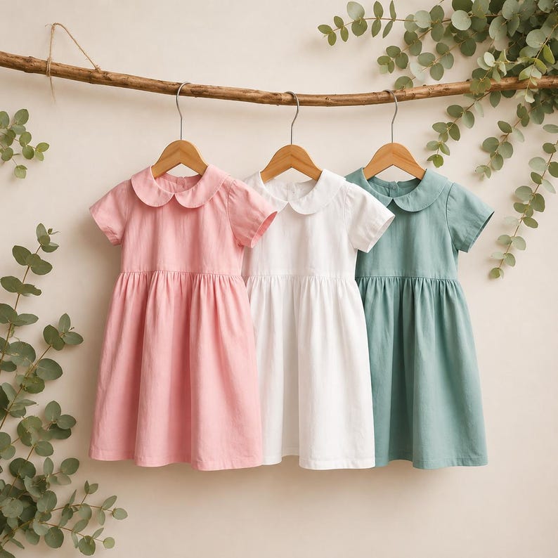 May include: Three short-sleeved dresses hanging on wooden hangers. The dresses feature rounded Peter Pan collars and gathered waistlines. One dress is light pink, one is solid white, and the third is a muted sage green color.