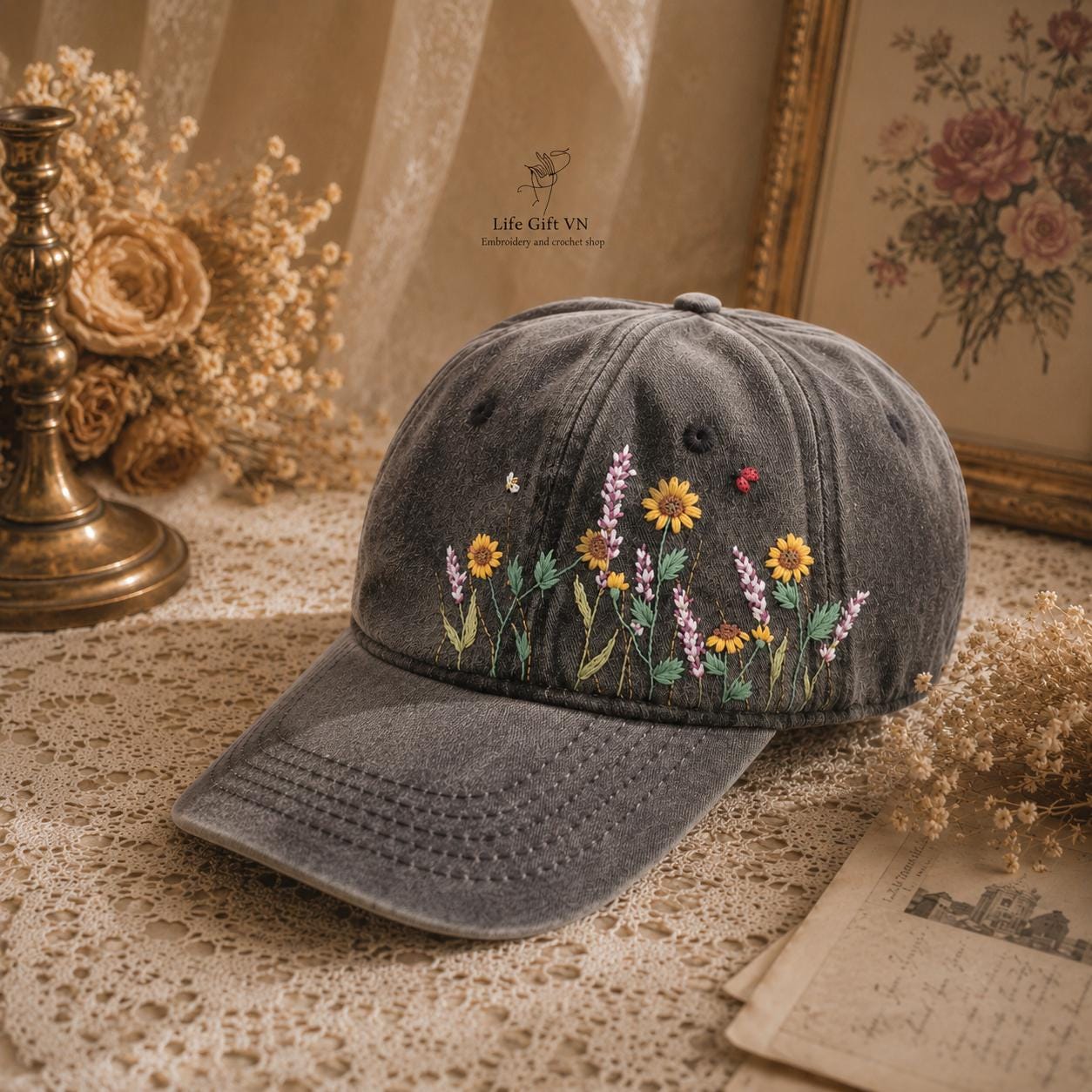 Hand Painted Daisy & Bees Ball Cap Hand Embroidered Floral Baseball Cap, White Daisy and Bee  main image 4