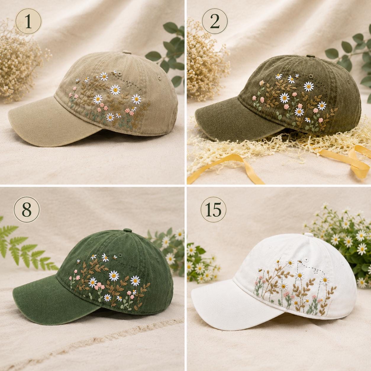 Hand Painted Daisy & Bees Ball Cap Hand Embroidered Floral Baseball Cap, White Daisy and Bee  main image 2